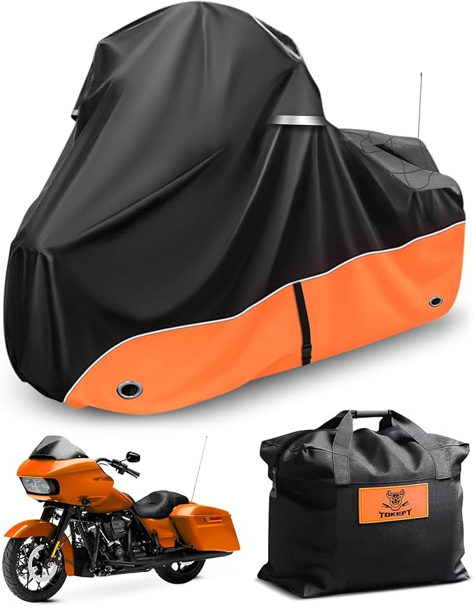 Motorcycle Cover 420D Waterproof for Touring Models Harley Davidson Road King Road Glide Electra Glide Low Rider-ST, Indoor & Outdoor All Weather Protection Orange