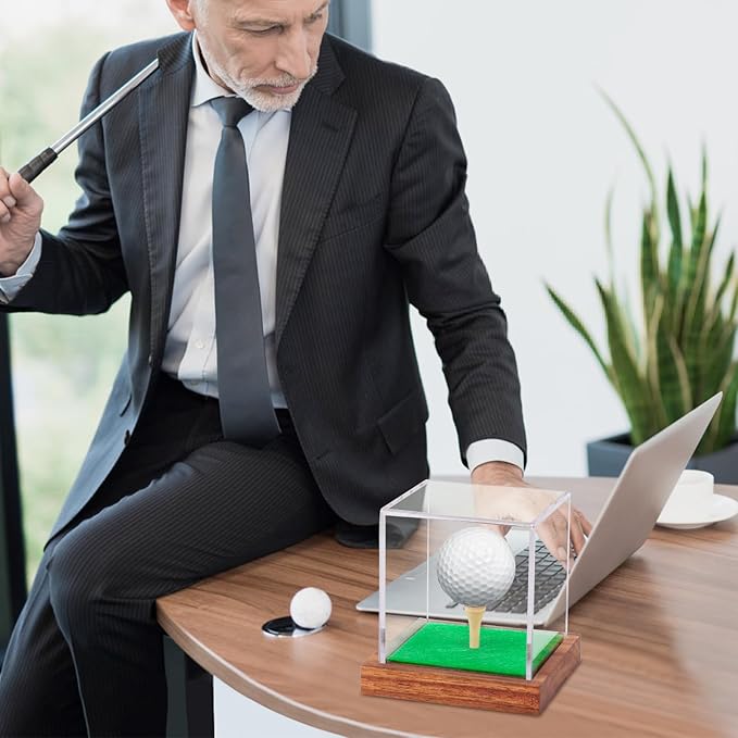 Clear Acrylic Golf Ball Display Case with Wood Base & Tee, Memorabilia Stand Cube Holder, Dust Protection Transparent Storage Box for Single Ball Souvenir Golfball Collections