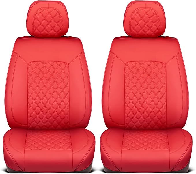 MotorBox Haven Series Napa Leather Seat Covers for Cars, Lux Edition Diamond Stitched Front Seat Covers, Premium PU Leatherette Red Car Seat Covers for Cars Trucks SUVs