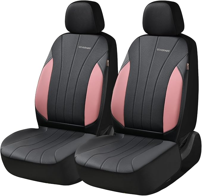 Coverado Car Seat Covers, 2 Front Seats Waterproof Nappa Leather Automotive Seat Protectors, Front Luxury Mesh Seat Covers, All-Weather Universal Fit for Most Cars SUVs, Trucks,Pink&Black