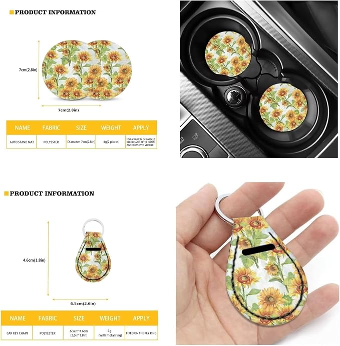 Suobstales Art Flowers Seat Cover for Car for Women Sunflower Car Accessories Set of 11-pcs with Steering Wheel Cover, Seatbelt Covers, Auto Cup Holder Coasters, Floral Keychain