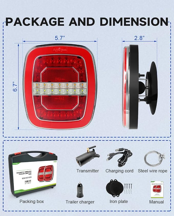 Agrieyes Halo Wireless Trailer Lights, 2 Mounting Options Magnetic Trailer Light for Towing, Portable LED Tow Lights Kit for Trucks, Boat, RV Red and White