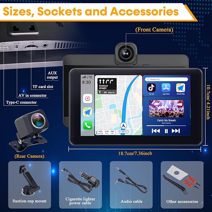 Wireless Apple CarPlay with Dash Cam: 7″ Carply Screen for Car with Backup Camera - 5-Min Plug-and-Play Upgrade for Older Cars - GPS Navigation, Bluetooth, Siri Voice Control