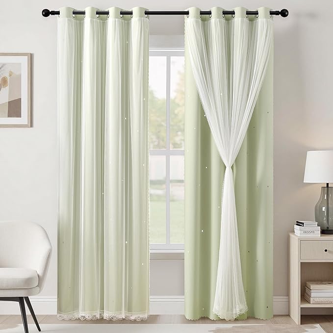 XiDi Sage Green Blackout Curtains for Kids Bedroom 72 Inch Length 2 Panels Double Layer Curtains with Sheer Overlay Privacy Thermal Insulated Grommet Window Star Curtains for Living Room W34 x L72