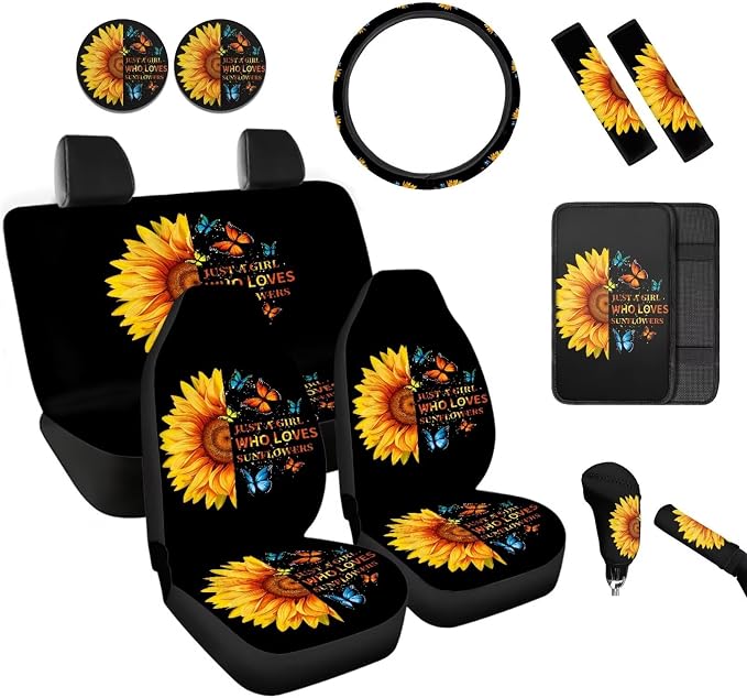 BIGCARJOB Sunflower Print Seat Covers Set for Car Front Rear 12 Pcs Art Sunflower Print Car Seat Cover Full Set with Steering Wheel Covers,Seat Belt Cover,Armrest Pads