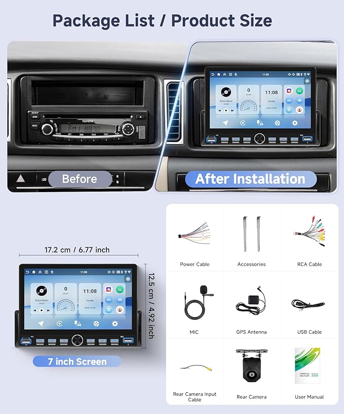 Single Din Android Car Stereo with Wireless Carplay Android Auto, Orderich 4G+64G 7“ Touch Screen Car Radio 1 Din with backup Camera, Support 4G WiFi Mirror Link GPS Navigation Bluetooth FM USB EQ SWC