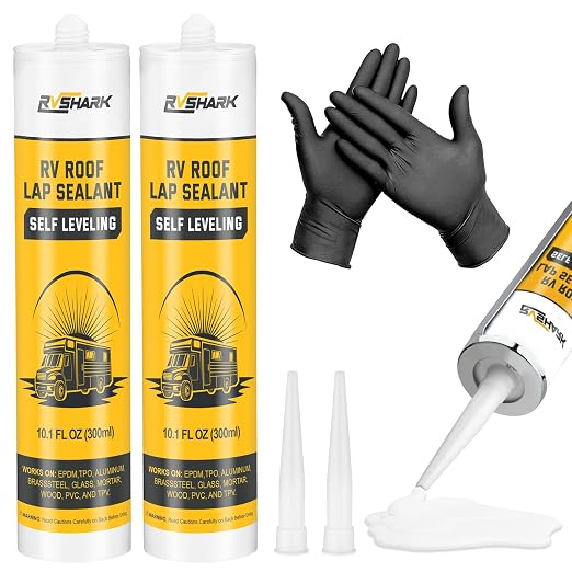 RV Roof Sealant 2 Pack, 30 Seconds Self Leveling Lap Sealant โ White, Fast Curing Waterproof Flexible Caulk RV Sealant with Gloves for Camper Trailer Roofs Maintenance Repair