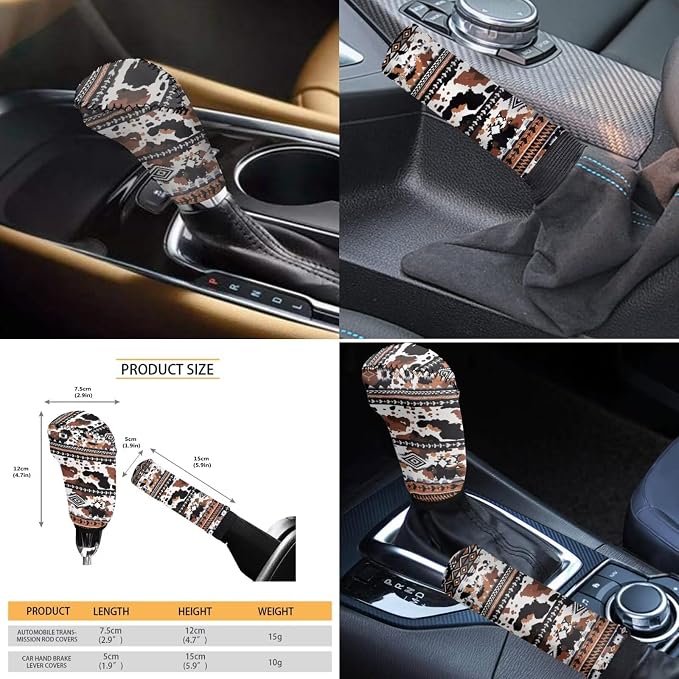 Wanyint Car Seat Cover Full Set 11 Pack, with Steering Wheel Gear Shift Knob Handbrake Headrest Protector Coasters Auto Accessories Decor Universal Fit, Aztec Cow Print Black Brown