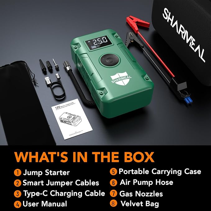 Sharmeal Jump Starter 6000A,12V Car Battery Jump Starter with Air Compressor (Up to All Gas or 10.0L Diesel Engine), Battery Booster with 3 Modes Flashlight and Jumper Cable