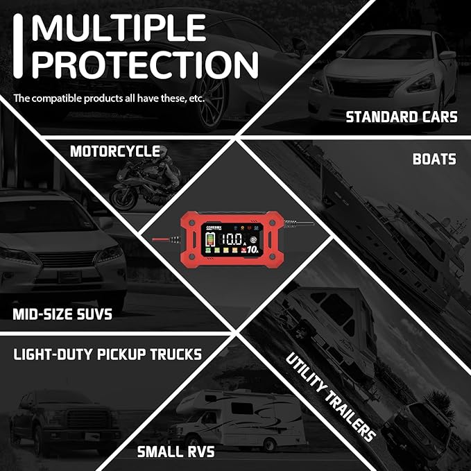 COREBOX 10-Amp Car Battery Charger,Support 1A 6A 0-10A,Trickle Charger for Car Battery 12v,Fast Battery Chargers Automobile 12volt,Smart Lifepo4,AGM,Lithium Battery Chargers for Auto Motorcycle Marine