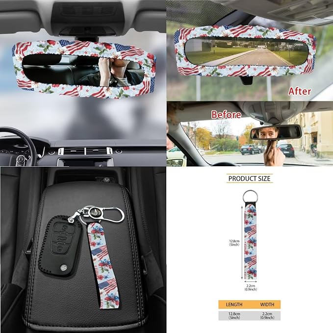 Car Seat Cover Sets Steering Wheel&Seat Belt Cover Trash Bin Air Vent Storage Box Front Rear View Mirror Cover Car Cup Holder Keychain 15Pcs Car Accessories American Flag Hibiscus Floral