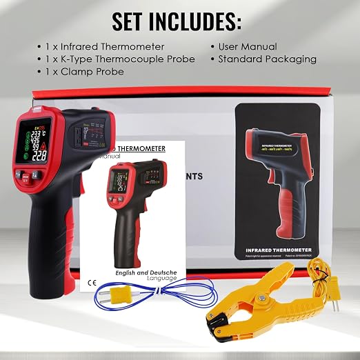 Infrared Thermometer Gun with Pipe Temperature Clamp, High Accuracy HVAC Thermometer (-50ยฐC to 850ยฐC) for Cooking, Home Repair, Oven, HVAC, Automotive & Industrial Use, Adjustable Emissivity