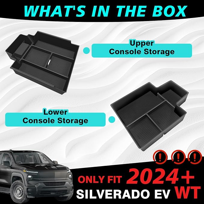 BestEvMod 2PCS Center Console Organizer Trays Fit for Chevrolet Silverado EV 2026 2025 2024 Pickup Armrest Storage Box ABS Material with PVC Trim Not Fit ICE or RST Models (Top + Bottom)