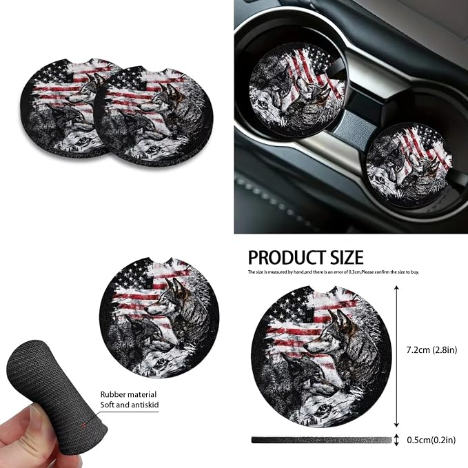 Wolf American Flag Pattern Auto Accessories Set of 10, Front and Rear Seat Covers Full Set, Steering Wheel Cover, Air Vent Storage Bag, Keychain, Car Trash Can, Cup Holders Car Interior Decor