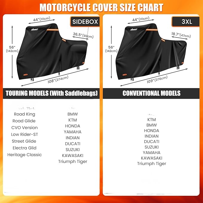 Motorcycle Cover Waterproof Outdoor,420D Large Motorcycle Cover with Side Box,fits Touring Models (108" x 44" x 56" Black & Orange)