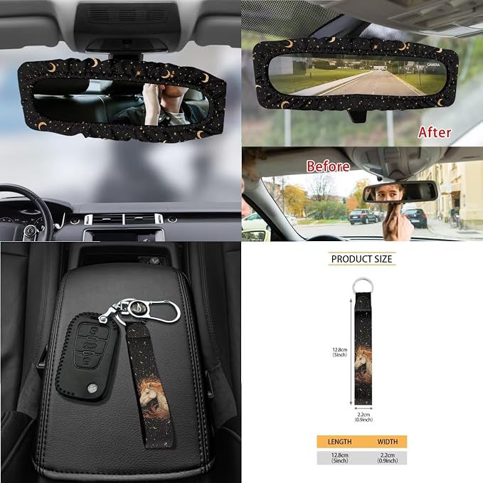 Horse Galaxy Pattern Car Seat Covers Full Set Steering Wheel Cover Seatbelt Cover Trash Can Air Vent Storage Bag Cup Coasters Keychain Auto Interior Sets of 15