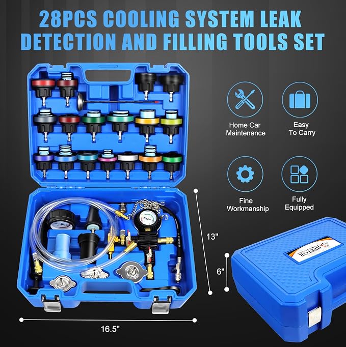 JIFETOR 28PCS Radiator Pressure Tester and Coolant Refill Tool Kit, Auto Cooling System Leakage Test and Pneumatic Vacuum Purge Filling Set Universal for Airlift Car Auto Truck