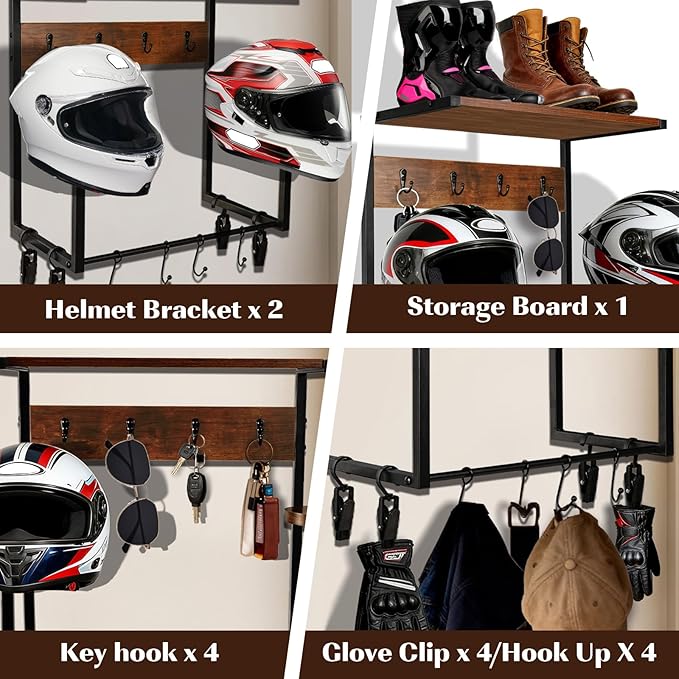 NANXITU Motorcycle Helmet Holder Wall Mount, Wooden Helmet Display Stands with Metal Frame Tiered Organizer,with 2 Helmet Rack,4 Glove Chips and 8 Hooks for Motorcycle Gear Accessories Storage