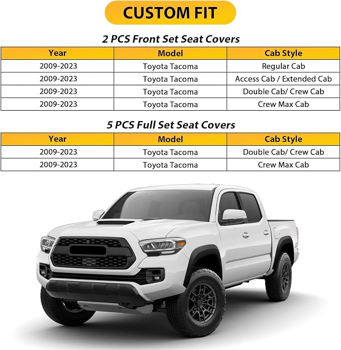 Seat Cover Front Set Compatible with Toyota Tacoma 2009 to 2024 TRD Sport Off Road TRD Pro Limited SR SR5 Package Access Double Extended Cab Pickup Truck Custom Seat Cover(2 Pcs Front Set,Black White)