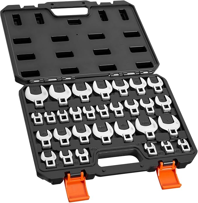 VEVOR Crowfoot Wrench Set, 3/8" Drive, 30-Piece Metric and SAE Size Crows Foot Wrenches, Cr-Mo Alloy Steel, with Storage Case, Dual Size Markings on Tools and Case, for Auto Maintenance or Repairs