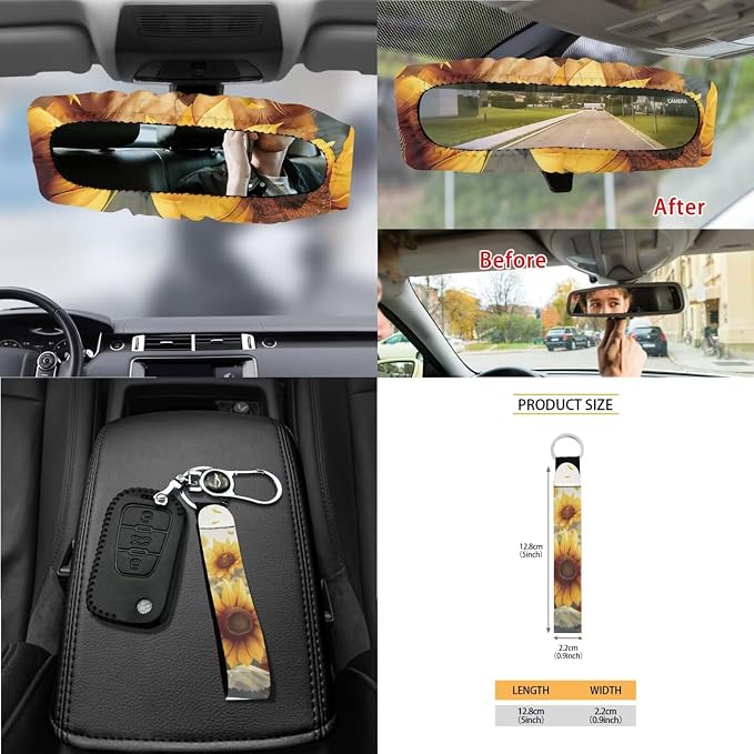 Cat Sunflower Print Car Seat Covers Full Set with Steering Wheel Cover for Women, Decorative Safety Belt Pads Cup Cushions Storage Trash Can Car Air Vent Organizer