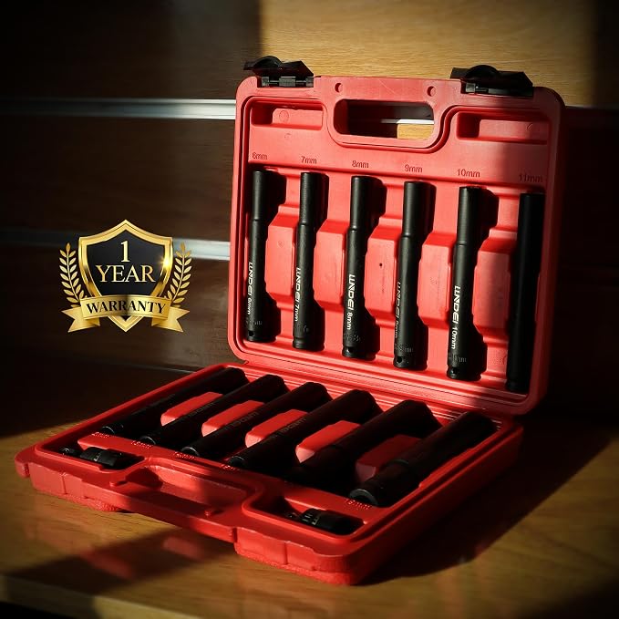 LLNDEI 14PCS 3/8″ Drive Impact Deep Well Socket Set Metric, Extra Long Reach 6-19mm, 6-Point Weighted Deep Impact Sockets for Auto Engine & Motorcycle Repair, Cr-V Steel with Black Oxide Coating