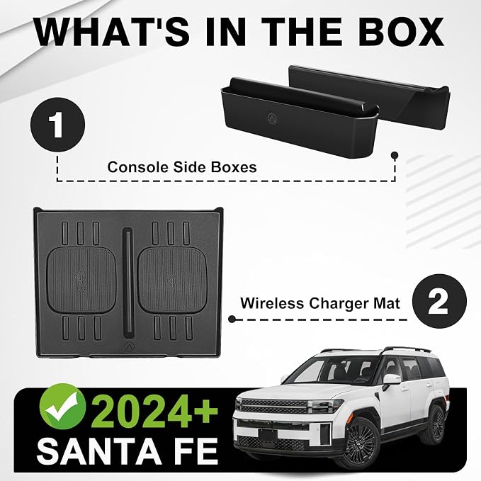Muslogy Console Organizer Compatible with 2024 2025 2026 Hyundai Santa Fe Accessories Middle Console Storage Box Phone Pockets & Wireless Phone Charging Mat Silicone Protection