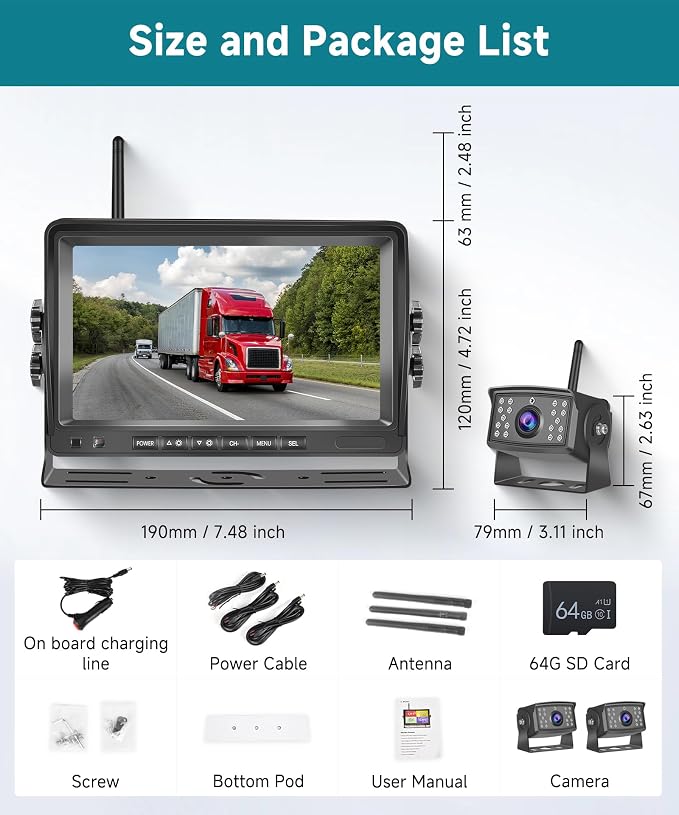 Wireless Backup Camera for RV, 7" IPS Monitor Kit+ 2 AHD Rear View Camera Waterproof Night Vision DVR Recording, Wireless Reverse Camera 12V-36V for Truck/Trailer/RV/Camper/Excavator/Caravan