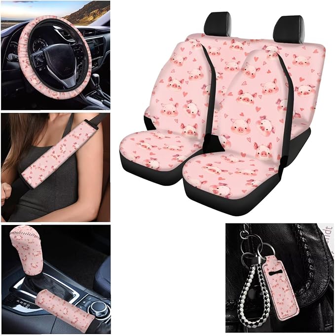 Cartoon Car Seat Covers Front Back Seat Full Set Keychain for Car Keys Gear Shift Cover Stylish Vehicle Cup Holder Coasters Rear Backrest Seat Covers Seat Belt Cover, Pig Pink