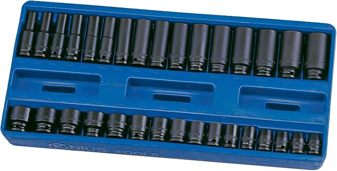 Genius Tools 32 Piece 3/8" Dr. Metric Deep Impact Socket Set CM-332M - Includes 3/8" Deep and Standard Impact Sockets Size 6mm - 22mm