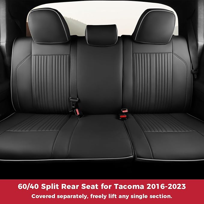 FREESOO Leather Car Seat Covers Fit for Toyota Tacoma 2016-2023 Full Coverage Seat Cover for Double/Crew Cab SR/SR5/Limited/TRD Pro/TRD Sport, Pickup Truck Seat Covers (5 Seats, BlackGrey)