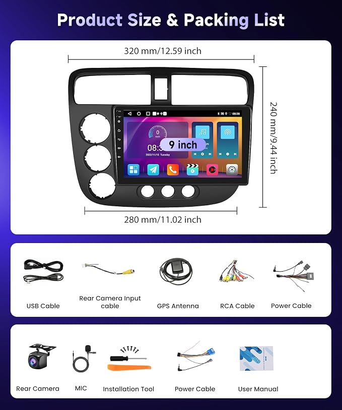 Built-in DSP Car Stereo Radio for Honda Civic 2001 2002 2003 2004 2005 with Wireless CarPlay Android Auto Mirror Link Podofo 9 inch IPS Touch Screen Bluetooth GPS 5G WiFi Backup Camera Mic