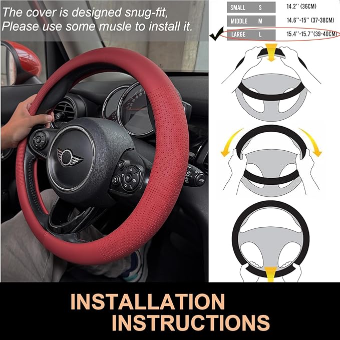 PINCTROT Large Size Nappa Leather Steering Wheel Cover, Slim Fit No Bulk Design, One Piece Leather with Breathable Perforation, Fit Like Gloves, 15.5-15.75 Inch(Nappa Rust Red)