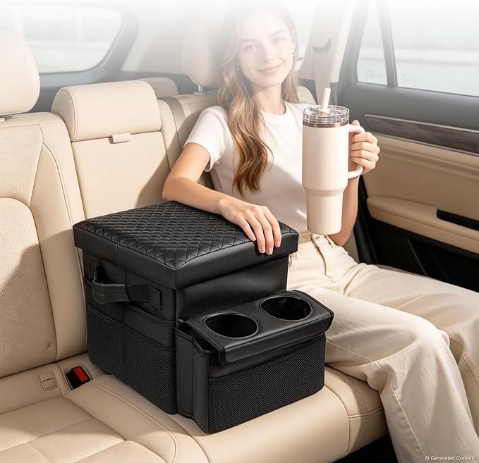 Foldable Bench Seat Center Console, Car Armrest Organizer Box with 2 Large Cup Holders & Massive Storage, Universal Portable Trunk Console Arm Rest for Car/Truck/Van/SUV Rear Organizers Back Seat
