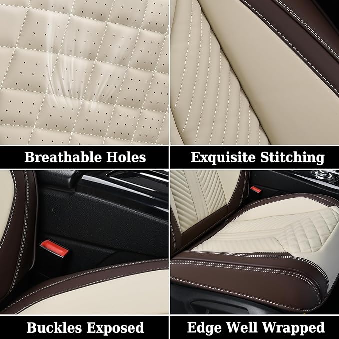 Coverado Leather Car Seat Covers Full Set, 5 Seats Waterproof Seat Covers for Cars Front and Rear Seat Cushions Protectors Universal Fit Most Vehicles (Bronw&Beige)