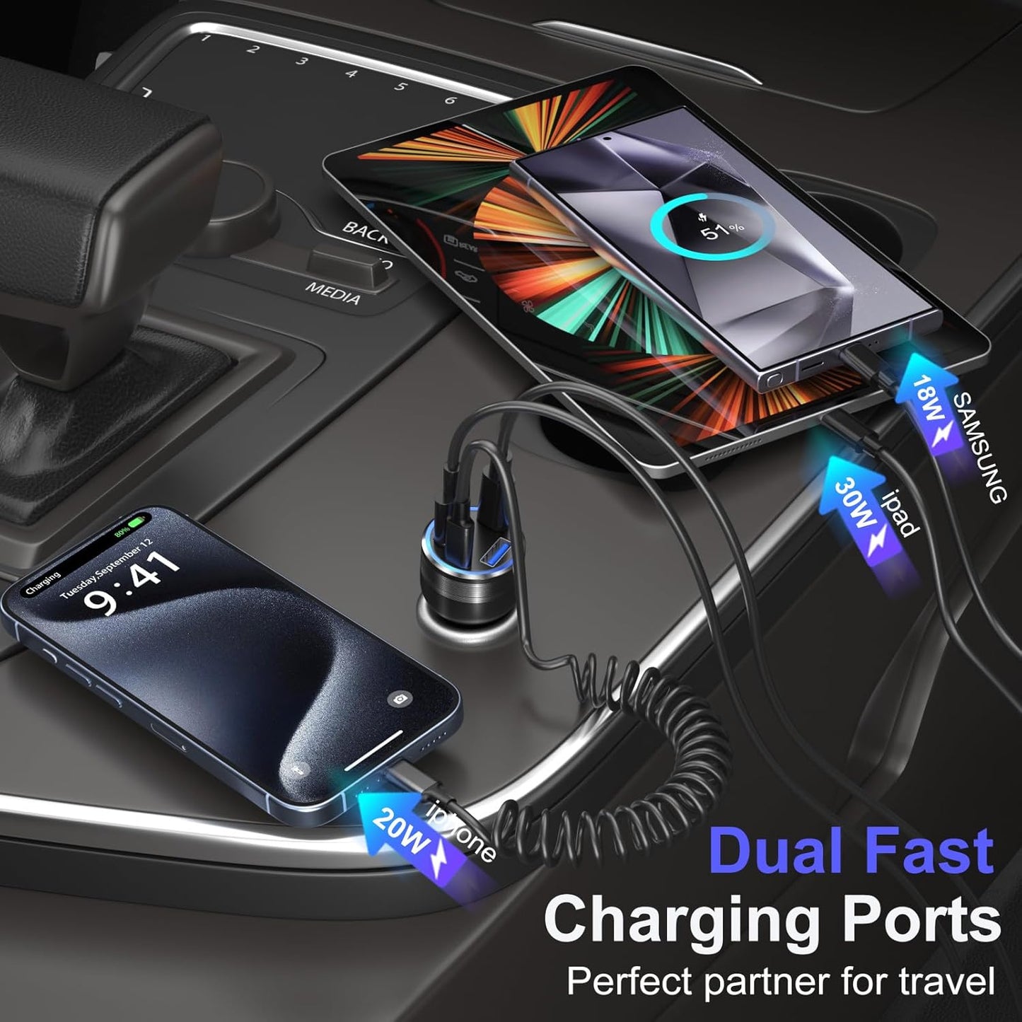 Car Charger Adapter 5 Pack, Bangfun 65W Multi Port 12V USB C & USB A Car Charger PD+QC 3.0 Fast Charging Cigarette Lighter USB Adapter Plug for iPhone 16 15 14 13 Pro Max iPad Samsung Android(Black)