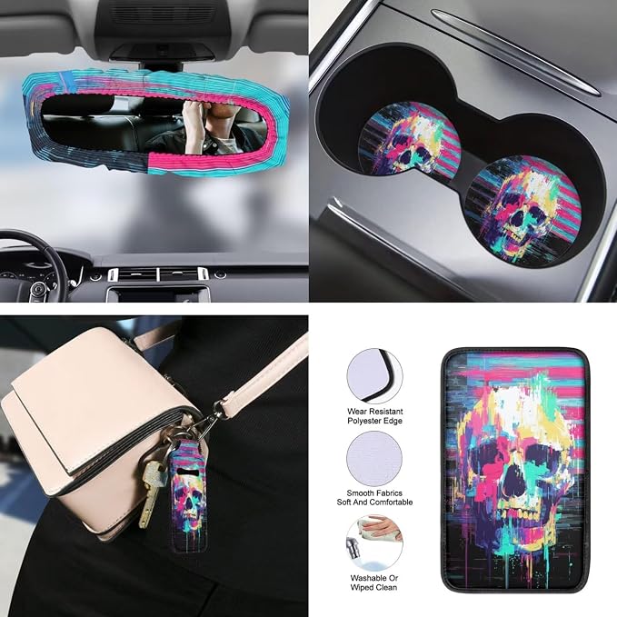 Skull Print Seat Cover Full Set for Cars American Flag Print Front and Rear Split Bench Seat Covers+Steering Wheel Cover+Seatbelt Pads+Headrest Covers+Center Console Pad for SUV Truck etc