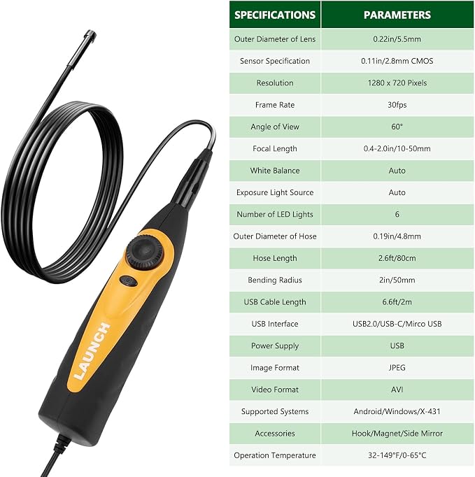 LAUNCH X-431 VSP-100 Endoscope Work with X-431 Tablet 5.5mm Ultra-Thin Digital HD USB Video Inspection Camera Multi-Angle Imaging One-Click Snapshot IP67 Waterproof Borescope Videoscope