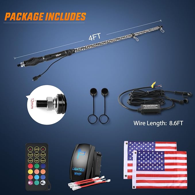 Nilight 1PC 4FT Spiral RGB Led Whip Light with Spring Base Chasing Light RF Remote Control Lighted Antenna Whips for Can-Am ATV UTV RZR Polaris Dune Buggy Offroad Truck, 2 Years Warranty
