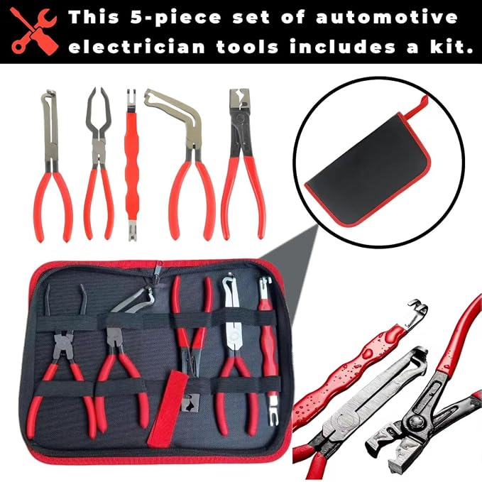 5-Piece Automotive Electrical Tool Kit - Disconnect Pliers, Hose Clamp Pliers, Connector Separator & Terminal Removal Tool Set for Cars
