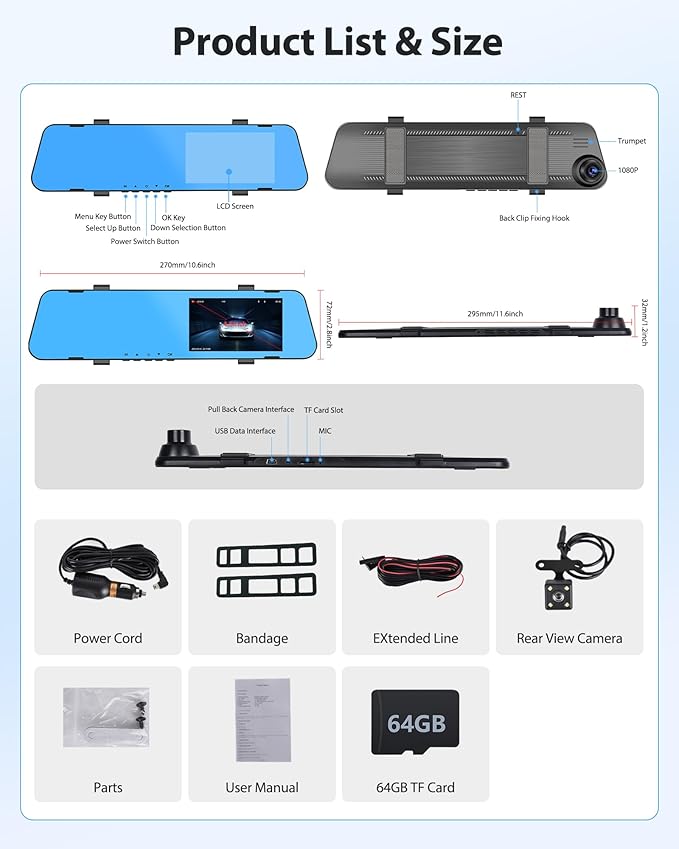 4.5" IPS Touch Screen Rear View Mirror Camera Dash Cam DVR Monitor Dual Camera Video Recording System 1080P/Loop Recording/G-Sensor/150° Wide Angel/Night Vision/Parking Assistance/64G Card