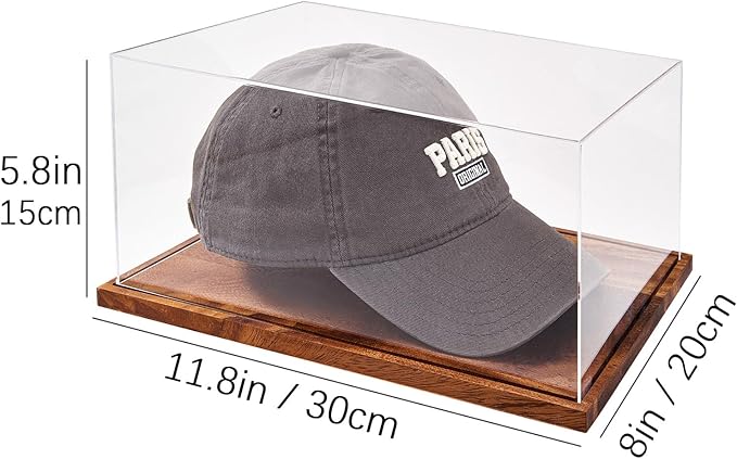 LITY Hat Display Case, No Assembly Required Clear Acrylic Baseball Cap Stand, UV Protection Signed Hat Transparent Showcase, Cap Display Box with Solid Wood Base Risers & Hat Shaper