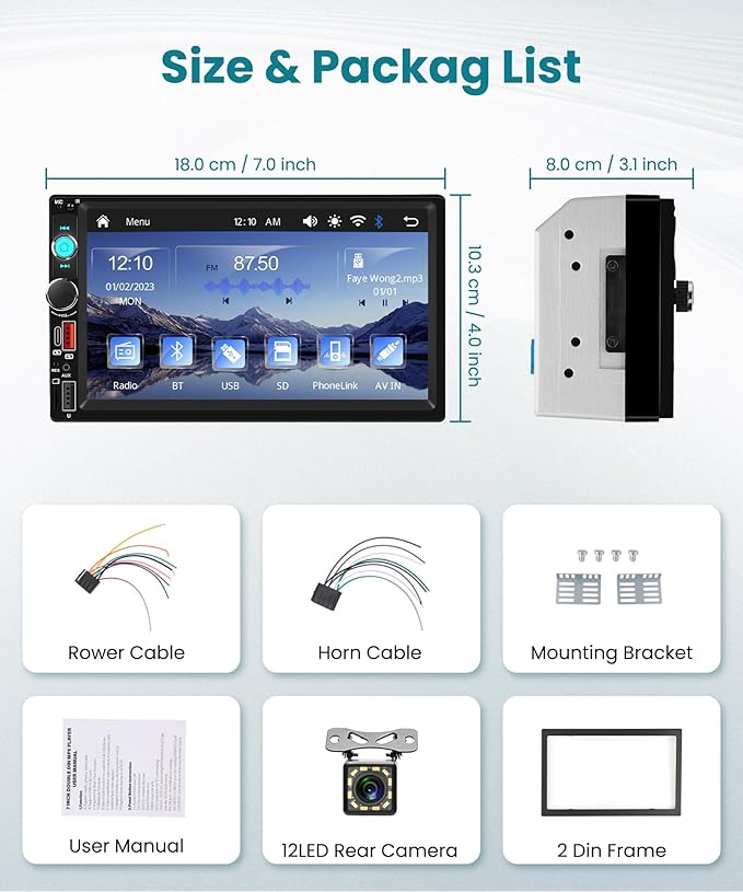 Double Din Car Stereo with Wireless CarPlay/Android Auto, 7 Inch IPS Touch Screen Radio, Bluetooth 5.2, FM Radio,Double Din Head Unit with Online Video EQ USB/Type-C/TF Card/Aux Ports Backup Camera