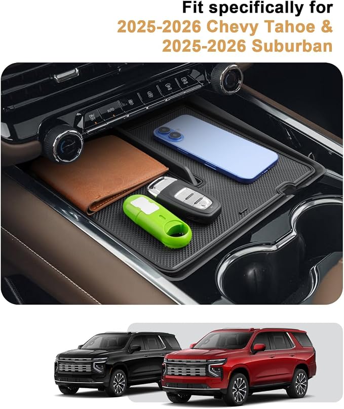 ECOZEN Center Console Storage Tray For 2025-2026 Chevy Tahoe/Suburban - Middle Console Organizer Tray Under Screen Storage Pad Compatible with 2025-2026 Tahoe Suburban Accessories