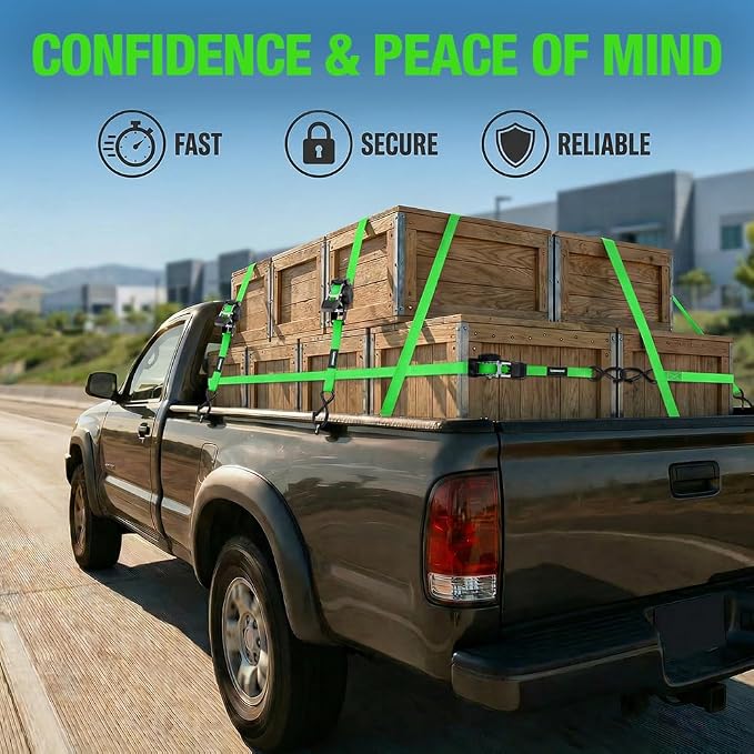 Retractable Ratchet Straps (4-Pack) - 1 Inch x 10 Feet (1,650lb Break Strength) - Heavy Duty Auto Self Retracting Tie Down Straps for Motorcycle, ATV, UTV, Truck, Cargo Trailer - Green