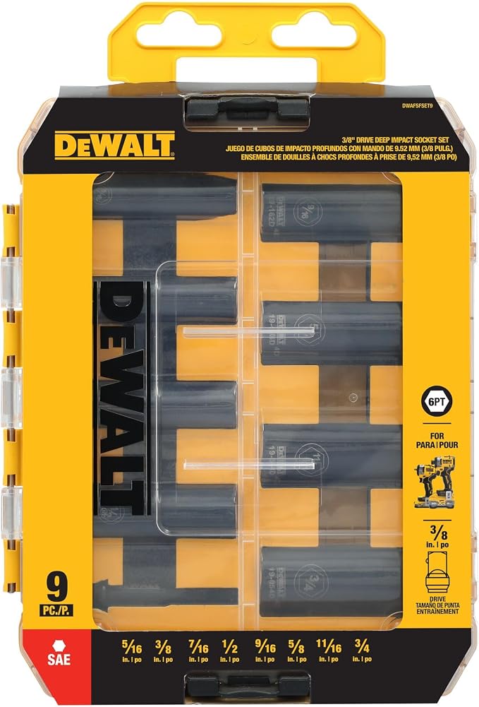DEWALT Impact Socket Set, 3/8 Drive 9 Pcs Standard SAE Deep Socket Set, 6 point, 5/16 Inch to 3/4 Inch, Includes 1/4 inch Adapter (DWAFSFSET9)
