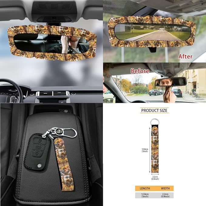 Deer Wood American Flag Print 15PCS Auto Interior Sets Sunflower Butterfly Car Front Rear Seat Covers Steering Wheel Cover Seat Belt Cover Keychain Trash Can Air Vent Storage Bag Mirror Cover
