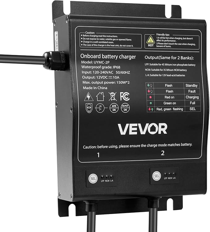 VEVOR 2 Bank Marine Battery Charger, 10A (10A/Bank) 12V Onboard Boat Charger, IP68 Waterproof Smart Battery Charger for Lithium LiFePO4, NCM, Lead-Acid Batteries, Large Boat, Yacht, RV, Trailer