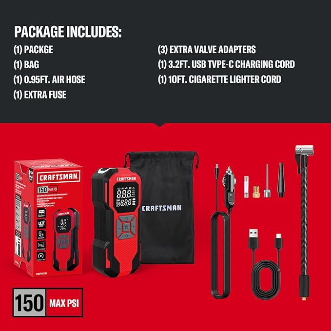 CRAFTSMAN Tire Inflator Portable Air Compressor, Cordless Mini Air Pump for Car Tires with Digital Tire Pressure Gauge, 6000mAh Battery Powered Air Pump, Max Pressure 150 PSI, 12V DC Corded