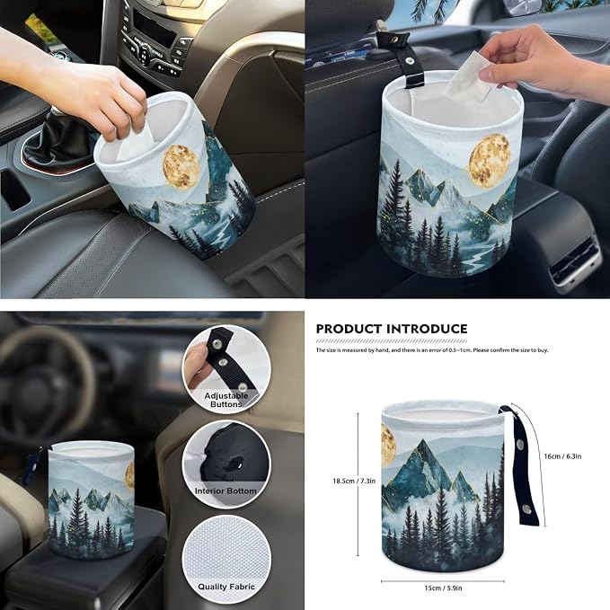 Ink Wash Mountain 15 PCS Car Seat Cover Set with Auto Steering Wheel Cover Seat Belt Strap Protector Cup Holder Trash Bag Rear View Mirror Protector Keychain